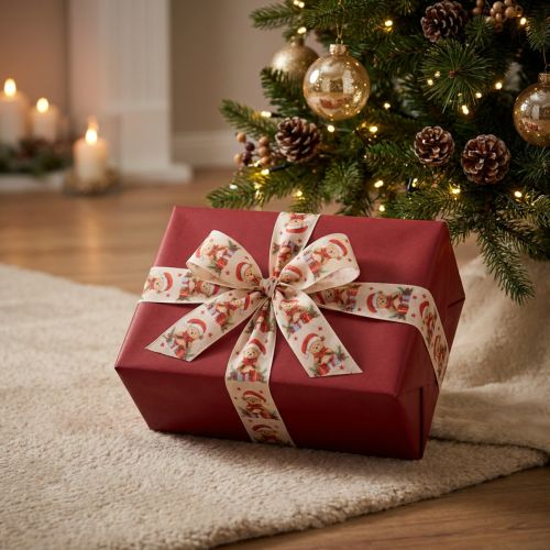 Product Gift ribbon bear with Santa hat and gifts 40mm 15m