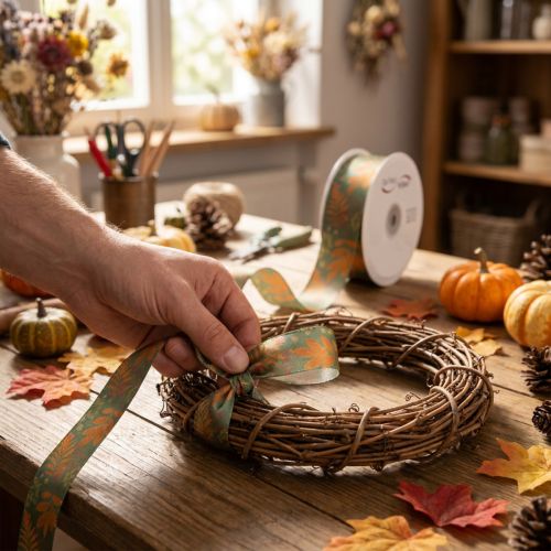Product Decorative ribbon with leaf motif, autumn decoration, 40mm x 15m