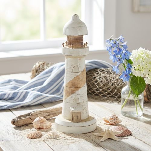Lighthouse Wood Maritime Decoration Natural White Ø10.5cm H28.5cm | Floristik24.ie