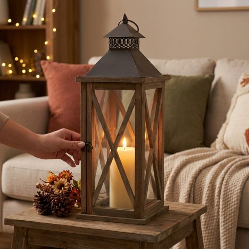 Decorative Lantern Wood Vintage Wooden Lantern Brown 17×17×50cm | Floristik24.ie