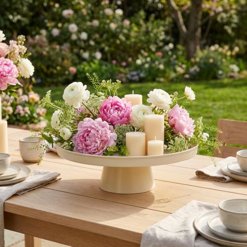 Round decorative tray in cream, 30 cm, on a stand for table decoration | Floristik24.ie