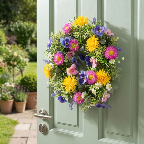 Artificial spring flower wreath for front door decoration, 30cm | Floristik24.ie