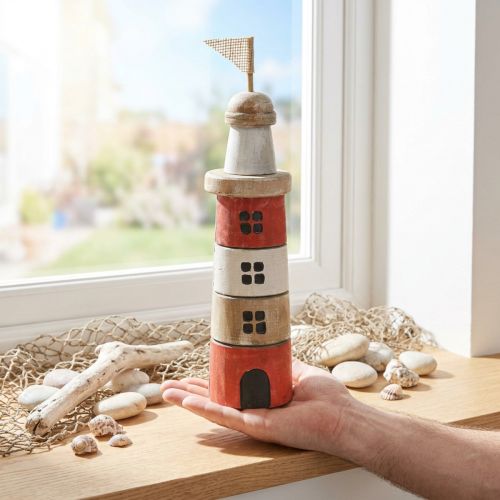 Wooden lighthouse maritime wooden decoration red white H30.5cm | Floristik24.ie