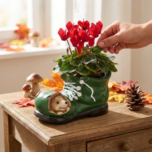 Planter decoration, green shoe with hedgehog, ceramic 14x13cm H13cm | Floristik24.ie