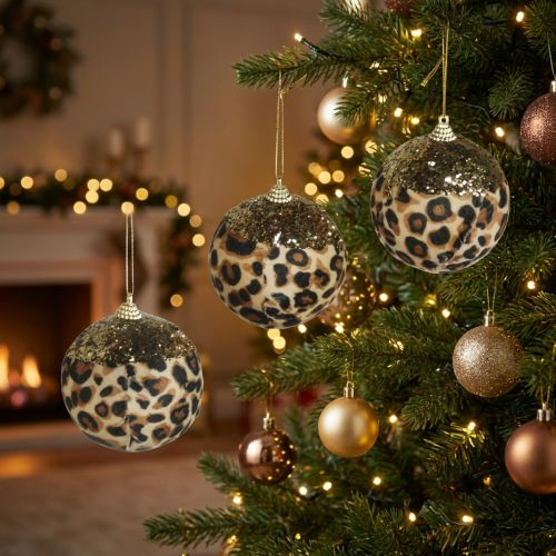 Product Christmas bauble leopard pattern with golden glitter 7cm 3pcs