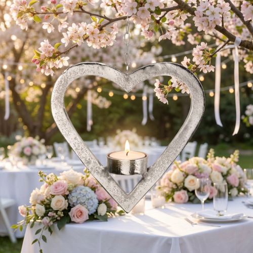 Product Tealight holder in the heart, candle decoration to hang, wedding, Advent decoration made of metal silver H17.5cm