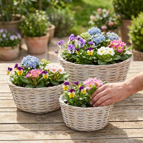 Product Set of 3 wicker baskets, planters, decorative baskets, white washed vintage style, Ø21.5/26/31cm for home and garden