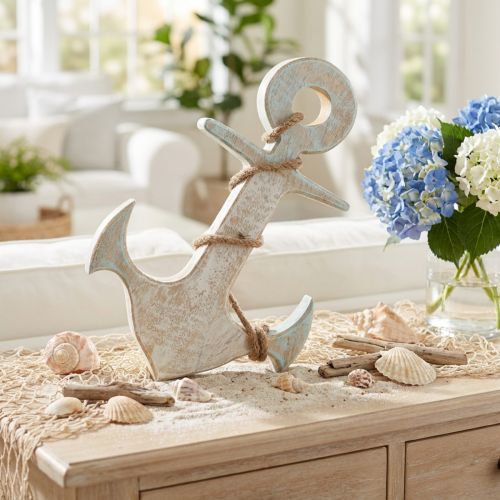 Anchor Deco Wood Maritime Deco White Blue 24.5cmx14.5cm | Floristik24.ie