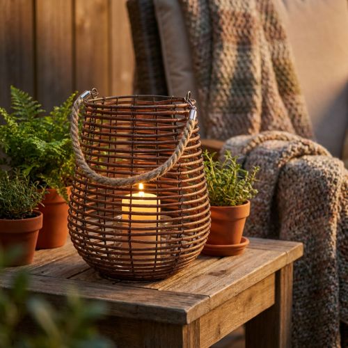 Tealight holder in a basket Lantern with handle Summer decoration Ø24cm H34cm | Floristik24.ie