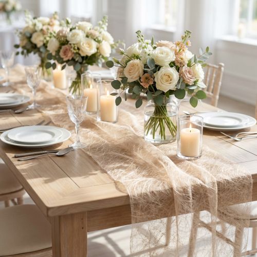 Product Deco fleece Sizoweb table runner beige 30cm 5m