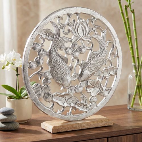 Decorative ring metal wood base silver lotus koi decoration Ø32cm | Floristik24.ie