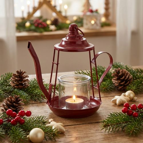 Tealight holder glass lantern metal jug red H22cm | Floristik24.ie