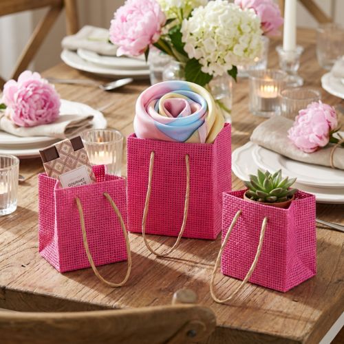 Product Gift bags with handles paper pink yellow green textile look 10.5cm 12pcs