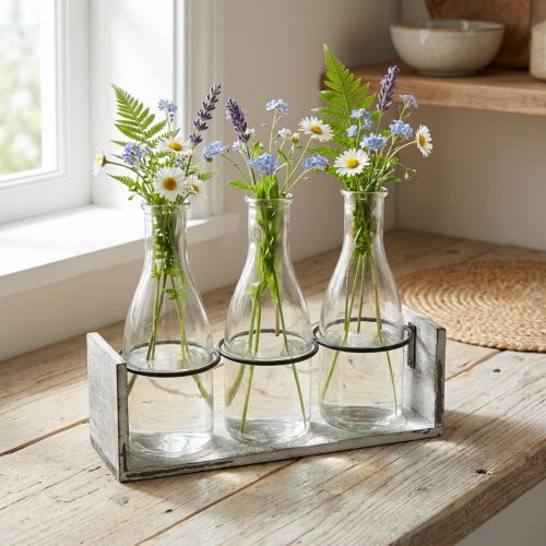 Product Rustic bottle set in wooden carrier – 3 glass bottles, grey-white, 24x8x20 cm – Versatile for decoration