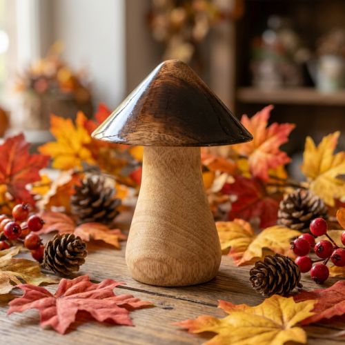 Decorative mushroom wooden mushroom natural brown gloss effect Ø7.5cm H10cm | Floristik24.ie