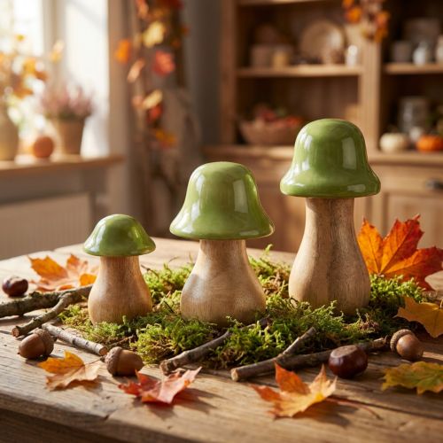 Decorative mushrooms wood wooden mushrooms light green glossy H6/8/10cm set of 3 | Floristik24.ie