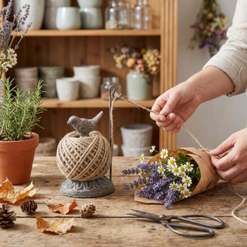 Product Vintage metal spool holder with bird and jute yarn H17cm