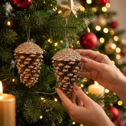Gold glitter pine cones, 13cm, 4 pieces, Christmas tree ornaments | Floristik24.ie