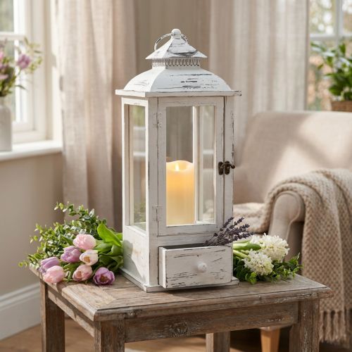 Decorative lantern vintage with drawer white 20×20cm H51cm | Floristik24.ie