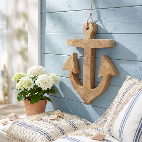 Hanging Anchor Mango Wood Nautical Hanger Natural H24.5cm | Floristik24.ie