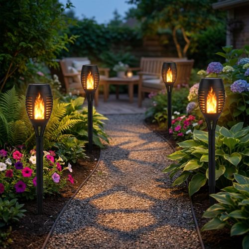 Product LED Solar Torches for Garden, Flame Effect, Balcony, H38cm, 4 Pieces