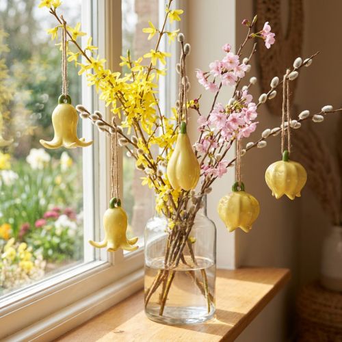 Ceramic flower pendants, cheerful design, floral pattern, spring decoration, 9cm, 6 pieces | Floristik24.ie