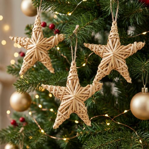 Decorative Stars 11cm Christmas Tree Ornaments Made of Natural Rattan, Set of 6 | Floristik24.ie