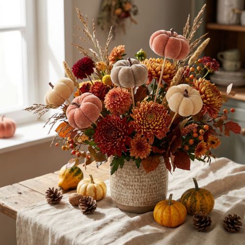 Product Decorative pumpkin made of fabric on a stick yellow brown orange Ø7cm 9 pcs
