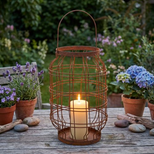 Garden lantern, metal, rusted finish, handle, vintage, Ø19.5cm | Floristik24.ie