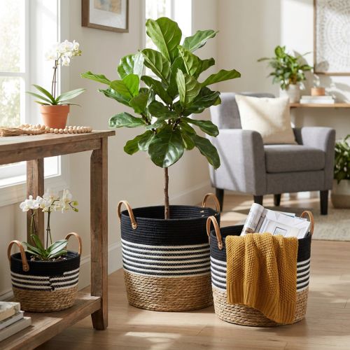 Set of 3 storage baskets with handles, plant basket & storage container, black and white, natural finish, stackable, Ø32/28/23cm, H30/25/19cm | Floristik24.ie