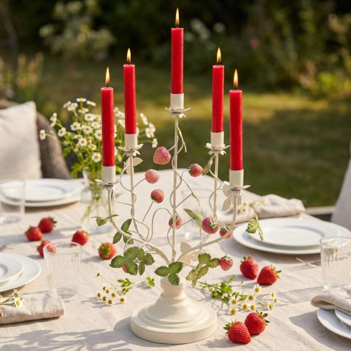 Product Candlestick 5-armed cream metal strawberry decoration H44cm