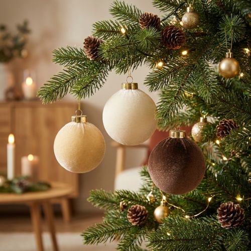 Product Christmas baubles, velvet look, mix of warm colors, 8cm, 12 pieces