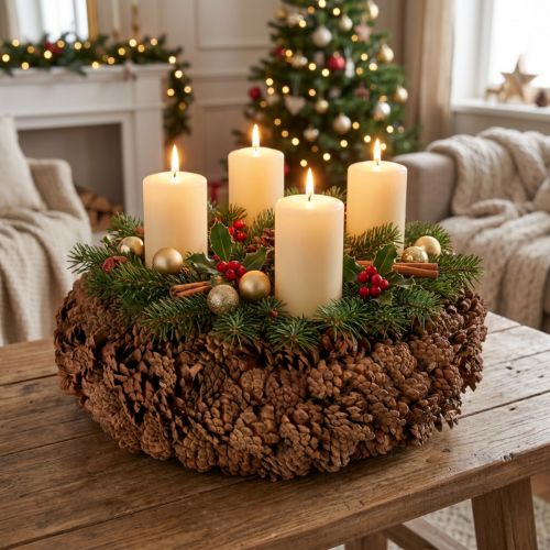 Product Round pine cone pot as a planter, 38cm; round pine cone pot, natural brown, made from pine cones, 38cm x 14cm