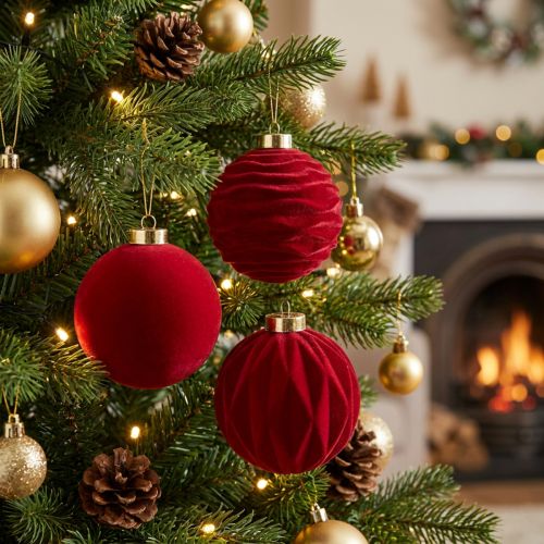 Product Christmas bauble, velvety surface, red, 8cm, 12 pieces