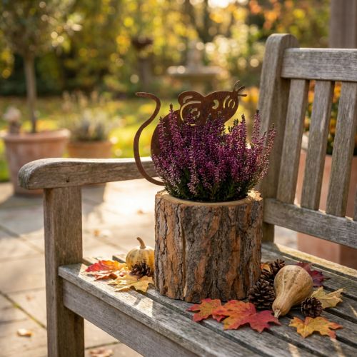 Product Wooden flower pot, planter, bark and mouse, weathered steel, H24cm