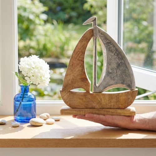 Sailing ship decoration natural silver mango wood 25.5x4x28.5cm | Floristik24.ie