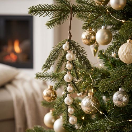 Artificial fir branch with white mini Christmas tree baubles, 46cm, 2 pieces | Floristik24.ie