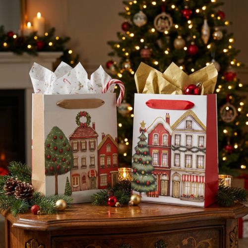 Christmas gift bag with houses and Christmas tree 16cm 2pcs | Floristik24.ie