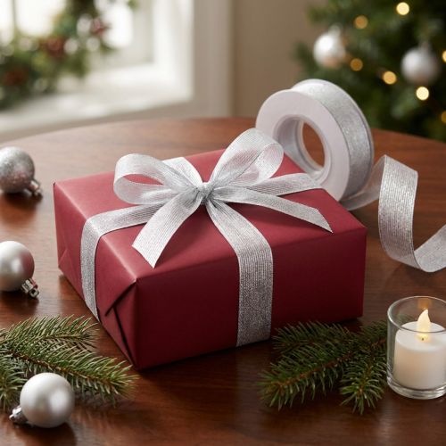 Decorative ribbon with lurex stripes silver 25mm 20m | Floristik24.ie