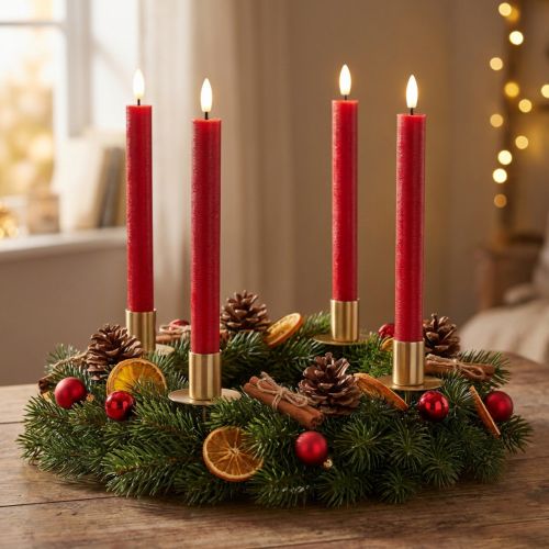 Product LED taper candle, red with warm white light, 24cm, 2 pieces
