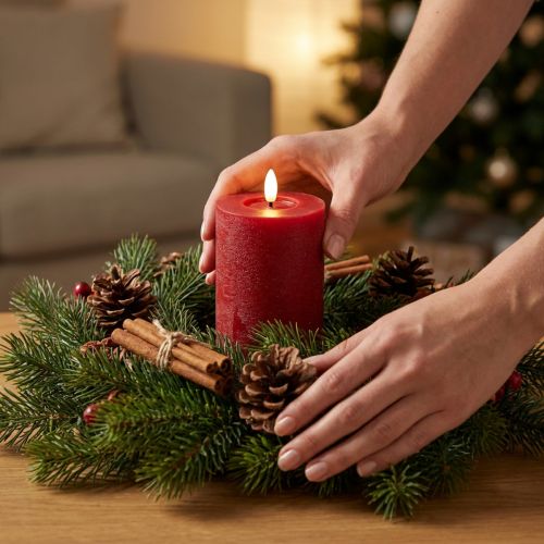 Product LED pillar candle made of real wax in red with timer and warm white light, 12cm