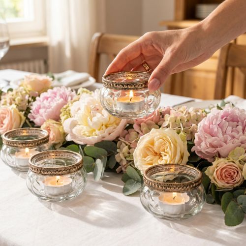 Product Glass tealight holders with decorative metal rim, 6cm, 4 pieces