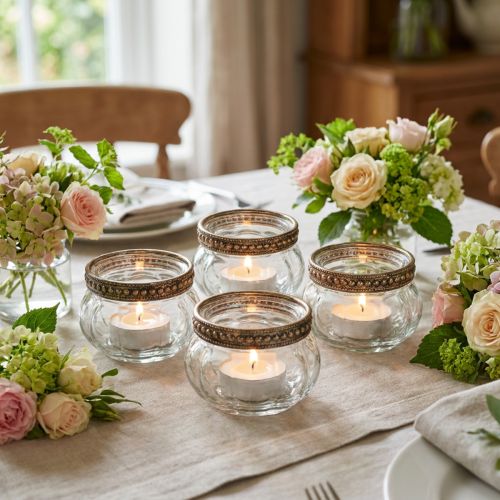 Product Glass tealight holders with decorative metal rim, 6cm, 4 pieces