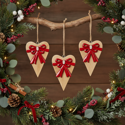 Wooden heart with bow, hanging heart, 14cm, 3 pieces | Floristik24.ie