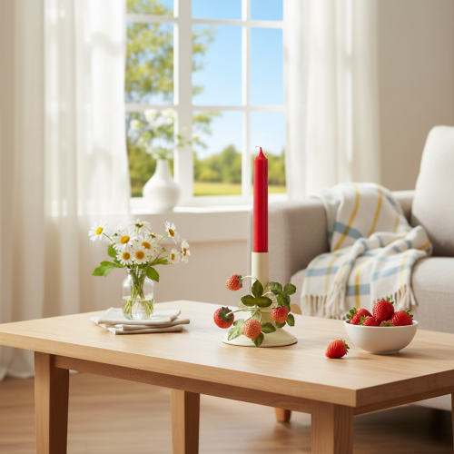 Product Metal candlestick with strawberry decoration, summer cream, H13cm