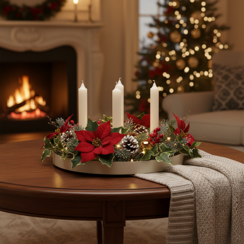 Round wooden candle tray for four taper candles, 30cm | Floristik24.ie