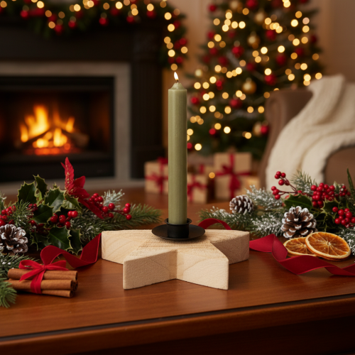 Rustic wooden star candle holder for taper candles, 16cm | Floristik24.ie
