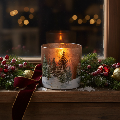 Product Glass tealight holder with fir forest design, winter decoration, 15cm