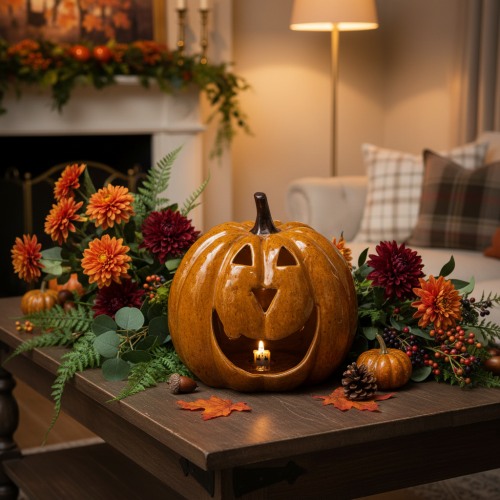 Product Ceramic pumpkin with face, LED decoration, Halloween, 19cm
