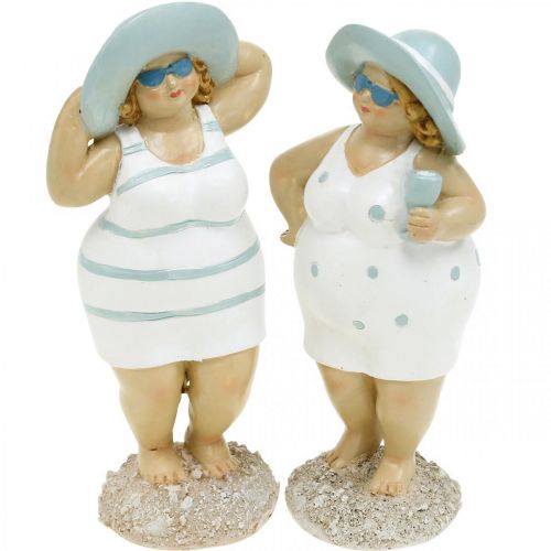 Floristik24 Decorative figure ladies on the beach, summer decoration, bathing figures with hat blue/white H15/15.5cm set of 2